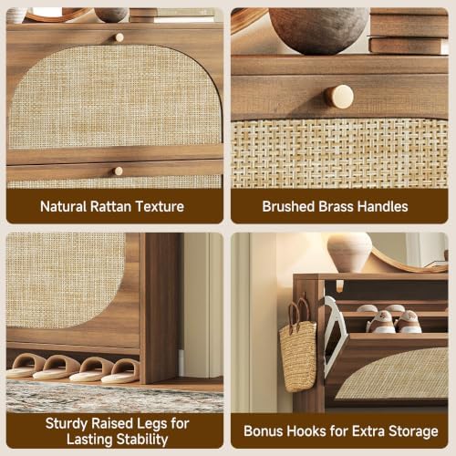 Rattan Shoe Cabinet with 2 Flip Drawers, Arched Accent Shoe Storage for Entry...