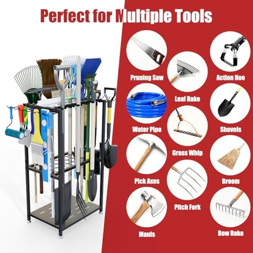 Faesun Garden Tool Organizer, 3-Tier Metal Yard Tool Rack with 14 Hooks &...