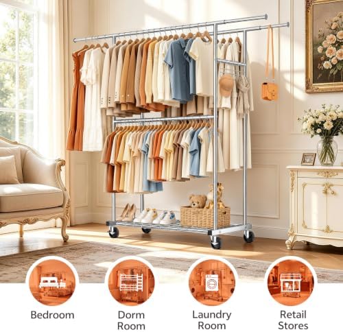 Heavy Duty Clothes Rack Load 550LBS, Rolling Clothing Rack Silver