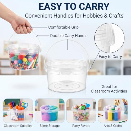 Maxcheck 50 Pcs 12oz Plastic Bucket with Lids and Handles Bulk, Clear