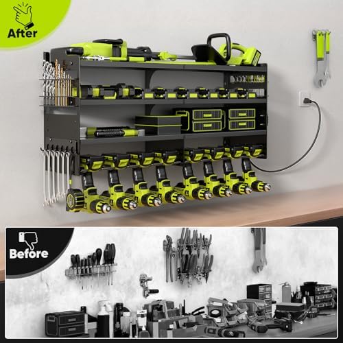 POKIPO Large Power Tool Organizer Wall Mount with Charging Station,4 Layer He...