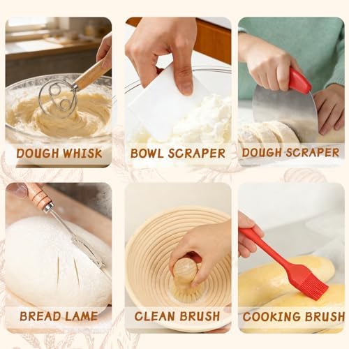 52 Pcs Sourdough Starter Kit with 9" Round & 10" Oval Bread Pro...