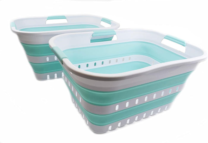 SAMMART Set of 2-30L (8 gallon) Collapsible Plastic Laundry Basket - Foldable Pop Up Storage Container/Organizer - Space Saving Hamper/Basket (2, White/Lake Green)
