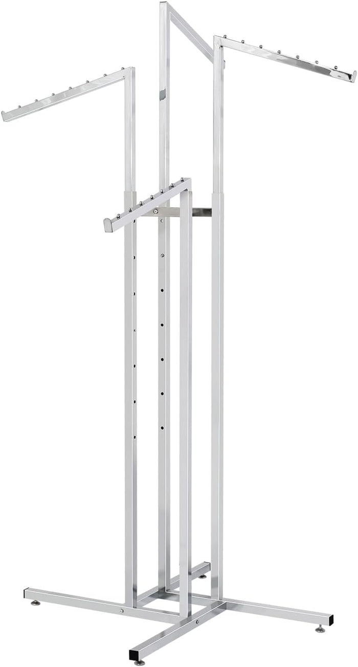4 Way Adjustable Clothing Rack with Slanted Arms - Retail Clothing Rack Display - Adjustable Height Arms from 48" to 72" Perfect for Clothing Stores (Chrome)