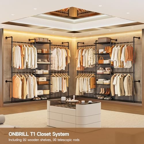 T1 Wall Mounted Closet System, Industrial Pipe Clothing Rack with 6 Wooden Sh...