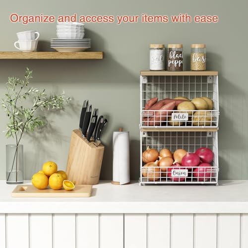Goozii White Fruit Storage Basket for Kitchen Counter Set of 2, Wall Mount Wi...