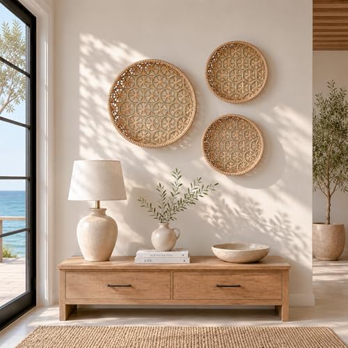 Handwoven Bamboo Basket Set of 3, Round Nesting Bread & Fruit Baskets, Na...