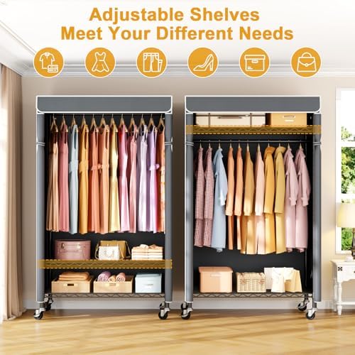 ULIFHOME P6C Rolling Clothes Rack with Cover, 3-Tier Covered Clothing Rack