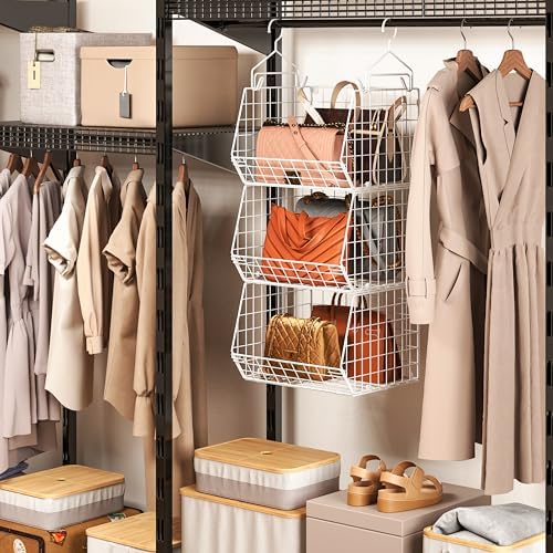 X-cosrack 3 Tier Foldable Closet Organizer, Clothes Shelves with 5 S Hooks, W...