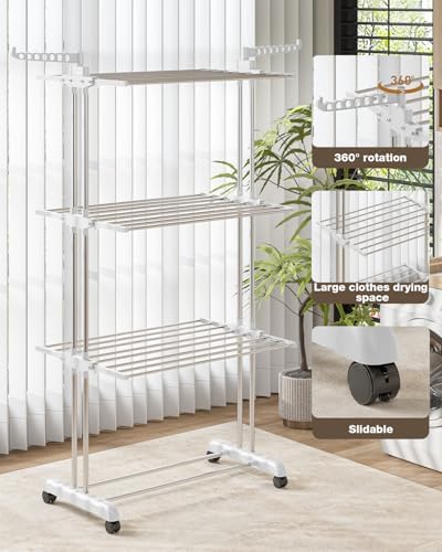 Bigzzia Clothes Drying Rack Folding with Wheels Laundry Rack 4 Tier