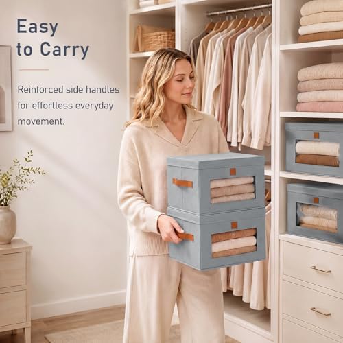 DIMJ Storage Bins with Lids - 6 Pack Front Opening Stackable Fabric Storage B...
