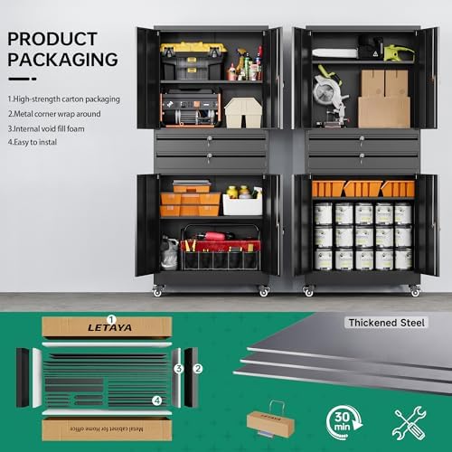 Letaya Metal Garage Storage Cabinet with Wheels,Rolling Tool Cabinet with 4 D...