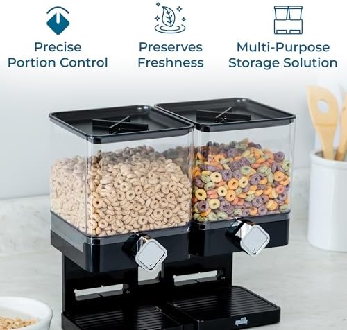 ZevrO Dry Food & Cereal Dispenser, 4.4 Cups, Black, Compact Dual