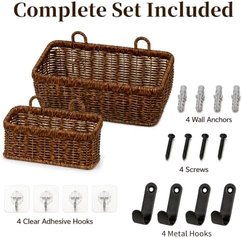 Wall Hanging Baskets, 2 Pack Woven Wicker Baskets with Hooks, Brown