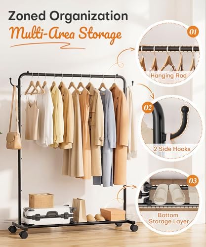 Homde Portable Clothes Rack for Bedroom: 4 Lockable Wheel Move Room-to-Room
