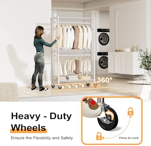M MZG Heavy Duty Rolling Garment Rack 3 Tiers Adjustable Wire Shelving Clothe...