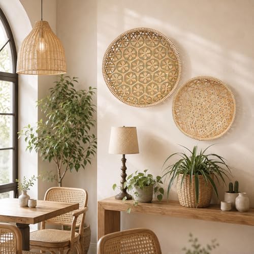 Handwoven Bamboo Basket Set of 3, Round Nesting Bread & Fruit Baskets, Na...