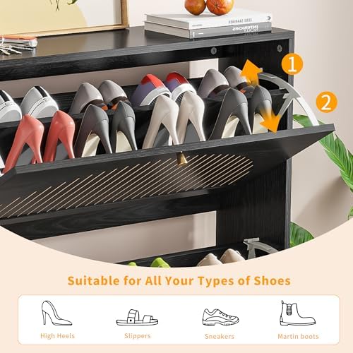 Fsbecl Shoe Storage Cabinet for Entryway with 2 Fluted Flip Drawers,Black