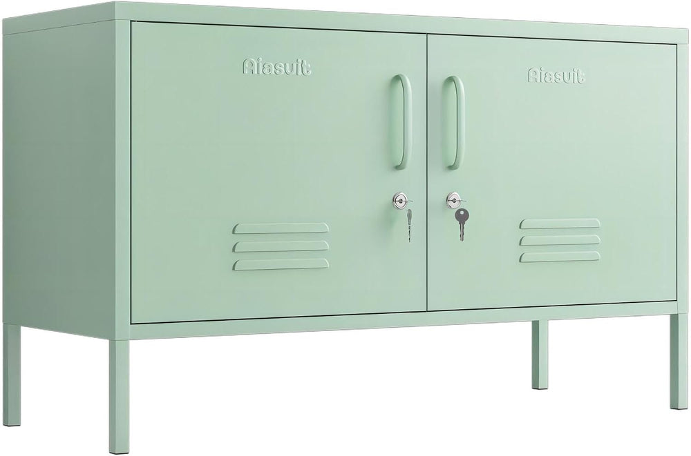 Green 2-Door Wide Lockable Metal Storage Cabinet, TV Stand & Media Consol...
