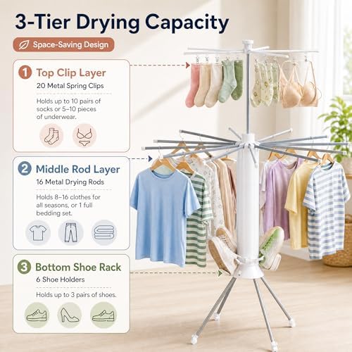 Clothes Drying Rack Foldable with Rolling Wheels, Portable Laundry Drying Rac...