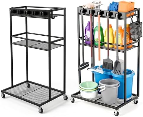 Broom Holder with Cleaning Supplies Organizer,Rolling Cleaning Cart