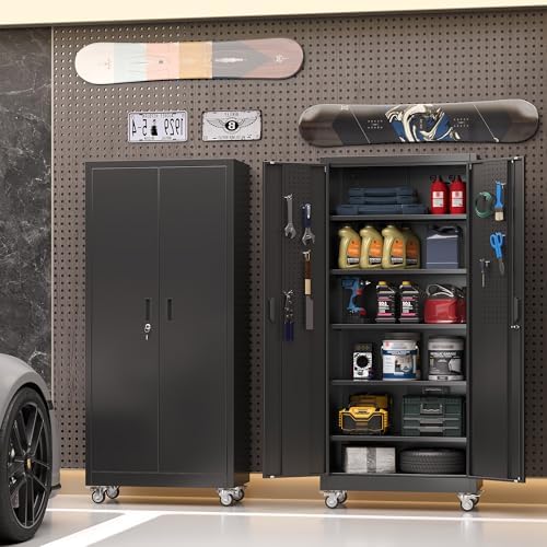 SUXXAN 71" Metal Garage Storage Cabinet with Wheels,Pegboard,Lock,5 Shelves