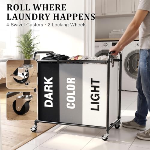 YKDIRECT 180L Laundry Hamper with Wheels and Lid, 3 Section Laundry Sorter