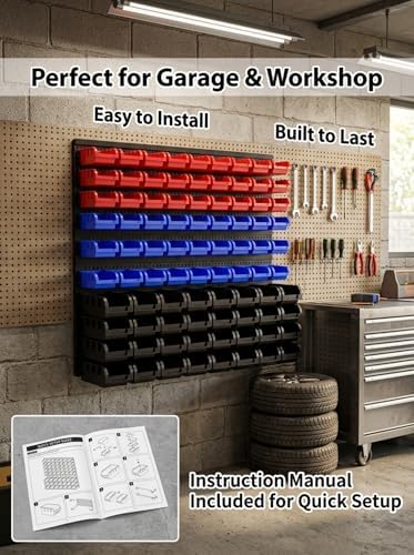 90Pcs Wall Mounted Storage Organizer Bins with Rack, Nuts, Bolts, and Hardwar...