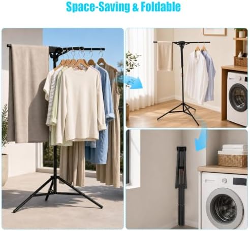 Portable Tripod Clothes Drying Rack, Foldable 4-Bar Rack for Space Saving