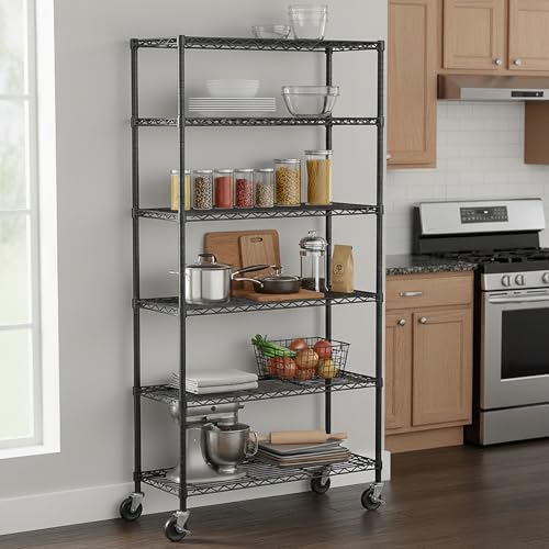 Folews 6-Tier Metal Storage Shelf with Wheels NSF Wire Shelving Unit, Black