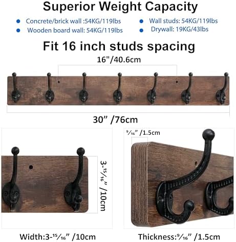 WEBI Rustic Coat Rack Wall Mount,30" Long 7 Cast Iron Coat Hooks Wall Mo...