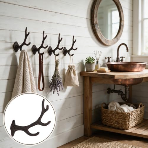 Chumia 8 Pcs Rustic Cast Iron Wall Hooks Deer Antler Coat Hooks, Brown