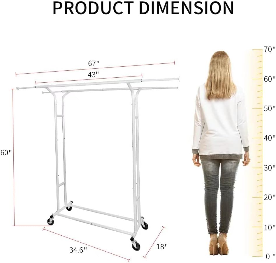 White 60" H Heavy Duty Double Rod Rolling Garment Clothes Rack