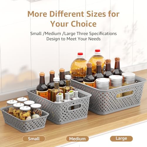MaxGear 3 Pack Plastic Storage Baskets, Large, Grey