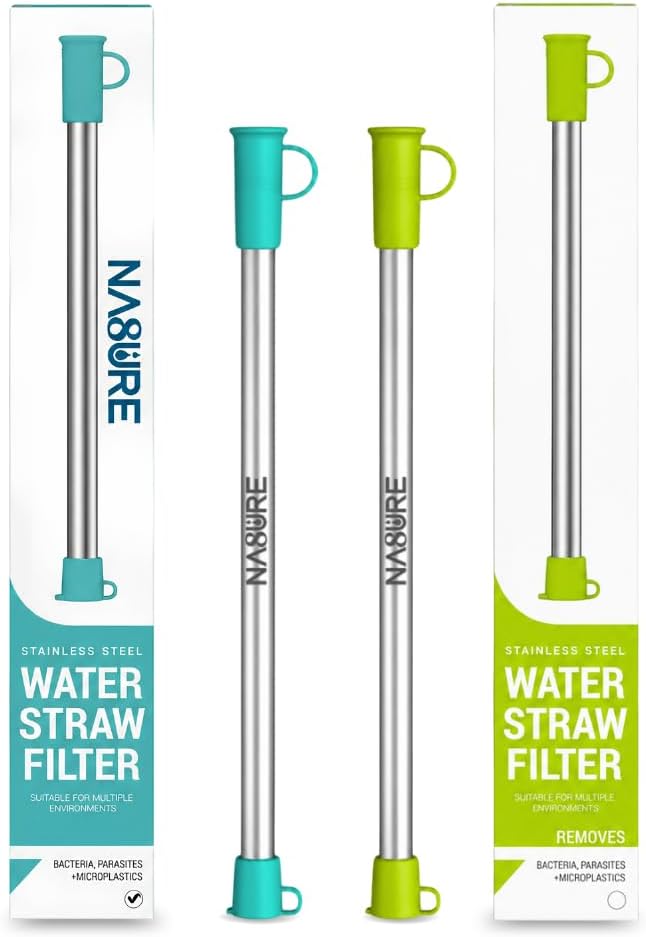 Microplastic Filter Straw 2 Pack | Stainless Steel Water Filter Straw, Hollow Fiber Membrane | Reusable Drinking Straw for Travel, Gym & Office | Carry Pouch