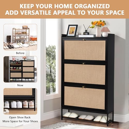 LEVNARY Shoe Cabinet for Entryway, Slim Shoe Cabinet with 3 Flip Drawers Narr...