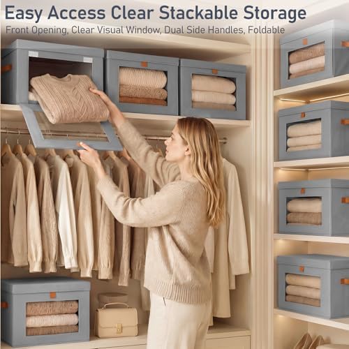 DIMJ Storage Bins with Lids - 6 Pack Front Opening Stackable Fabric Storage B...