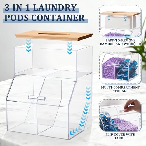 Juexica 3 in 1 Acrylic Laundry Containers for Organizing with Bamboo Lid