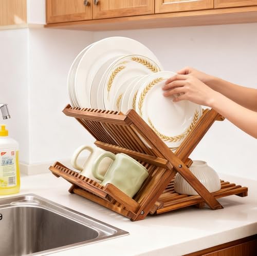 Utoplike Teak Dish Drying Rack Collapsible, Large Dishes Draine 3 Tier