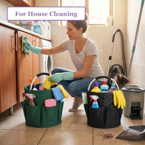 2PCS Collapsible Cleaning Caddy, 17L Tool Bag with 6 Pockets, Green + Black