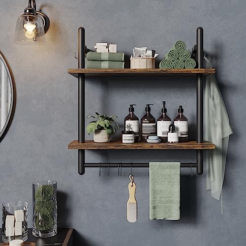 Bestier 24" 2 Tier Industrial Pipe Wall Shelf with 8 Hooks, Rustic Brown
