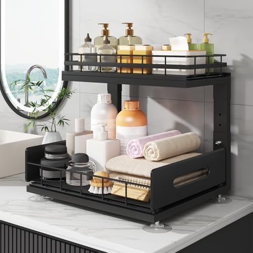 Under Sink Organizer Upgrade To Professional Rails,2-Tier Dual Pull Out Cabin...