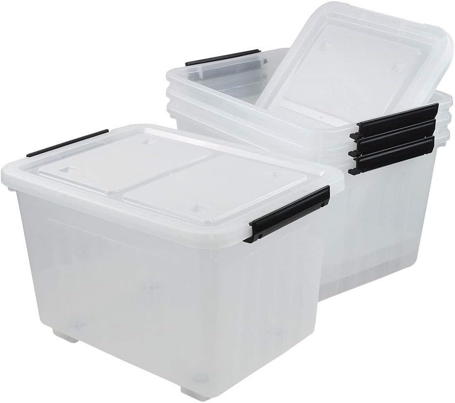 35 Quart Plastic Wheeled Storage Bin, 4 Pack Latching Storage Box