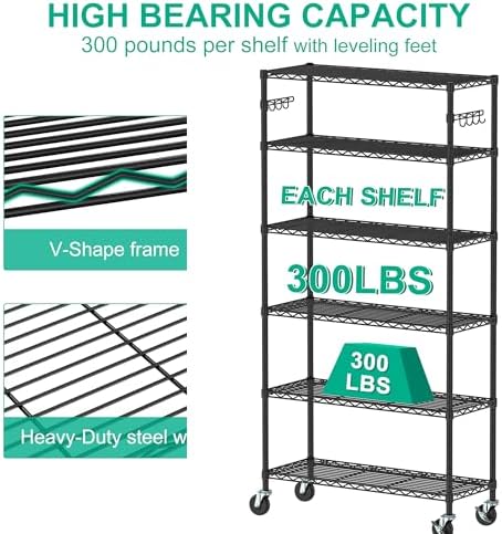 Folews 6-Tier Metal Storage Shelf with Wheels NSF Wire Shelving Unit, Black