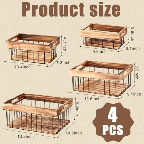 4 Pack Metal Wire Storage Basket, Multiple Sizes Basket with Handles Wooden T...