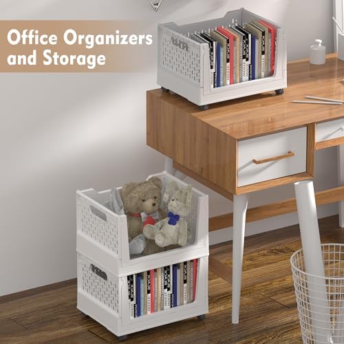 Stackable Plastic Storage Basket, 3 Pack Foldable Closet Organizers and Stora...