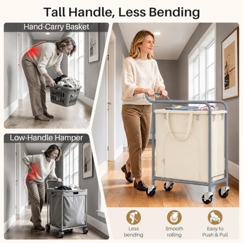Laundry Basket with Wheels, Rolling Laundry Hamper with 38.4" Tall Handl...