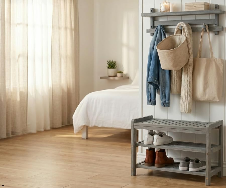27-Inch 3-Tier Wooden Entryway Shoe Bench - Brush Grey