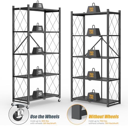 Fenbeli 5 Tier Storage Shelf with Wheels - Metal Collapsible Shelving Unit Di...