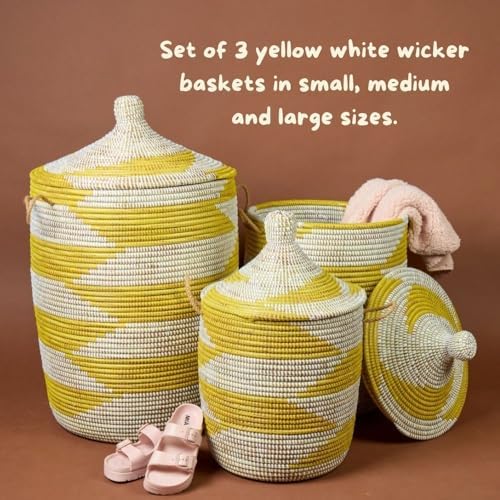 Large Woven Storage Basket, Yellow and White Senegal Wicker Basket for Towels...